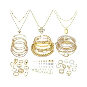 IFKM 36 PCS Gold Plated Jewelry Set with 4 PCS Necklace, 11 PCS Bracelet, 7 PCS Ear Cuffs Earring, 14 Pcs Knuckle Rings for Women Girls Valentine Anniversary Birthday Friendship Gift